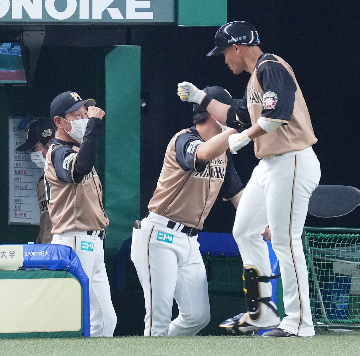 西武対日本ハム　3回表日本ハム1死、右越え本塁打を放った王（右）をタッチで迎える栗山監督（左）（撮影・横山健太）