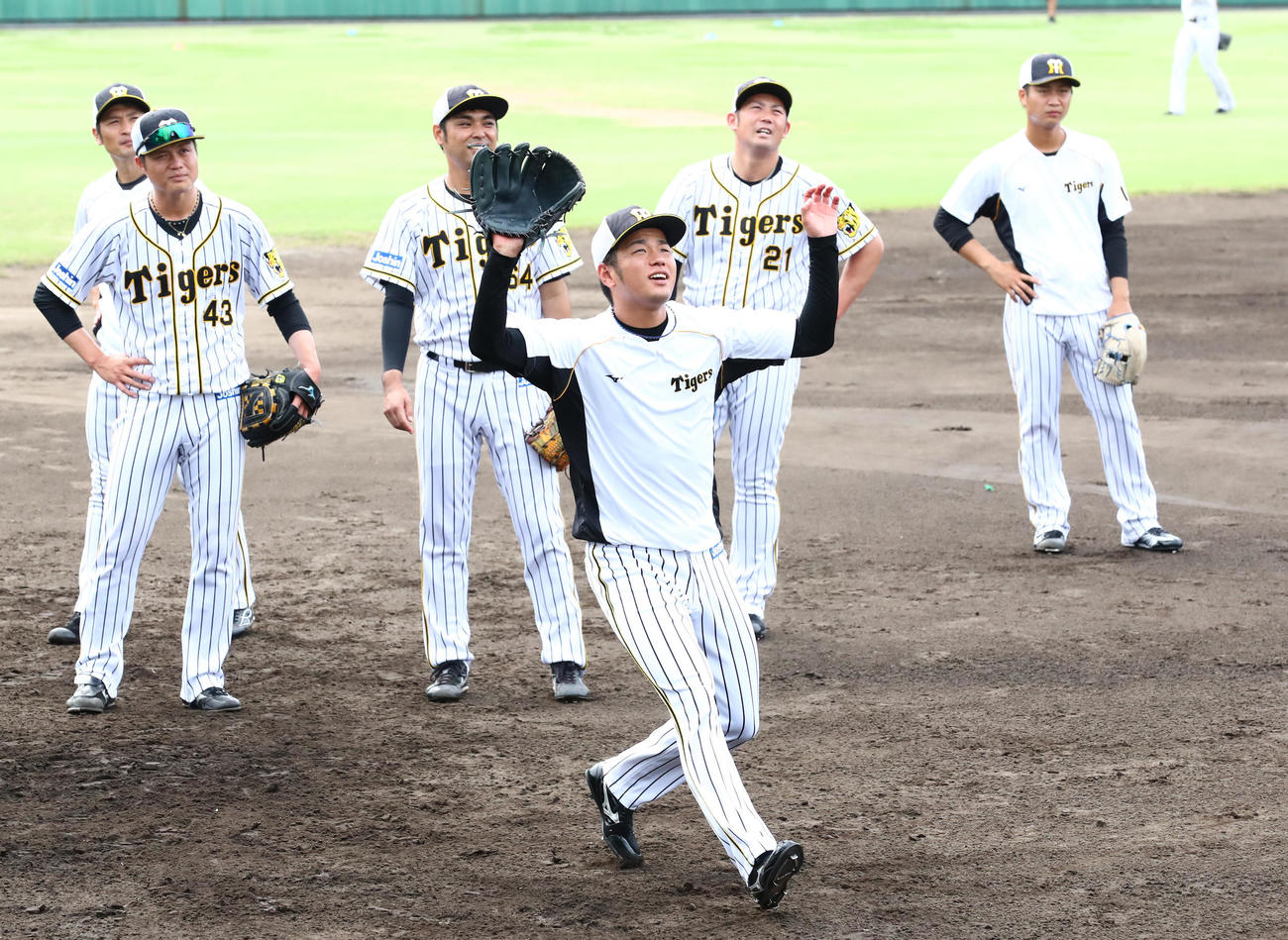 ノックを受ける阪神・高橋遥人（手前）（代表撮影）
