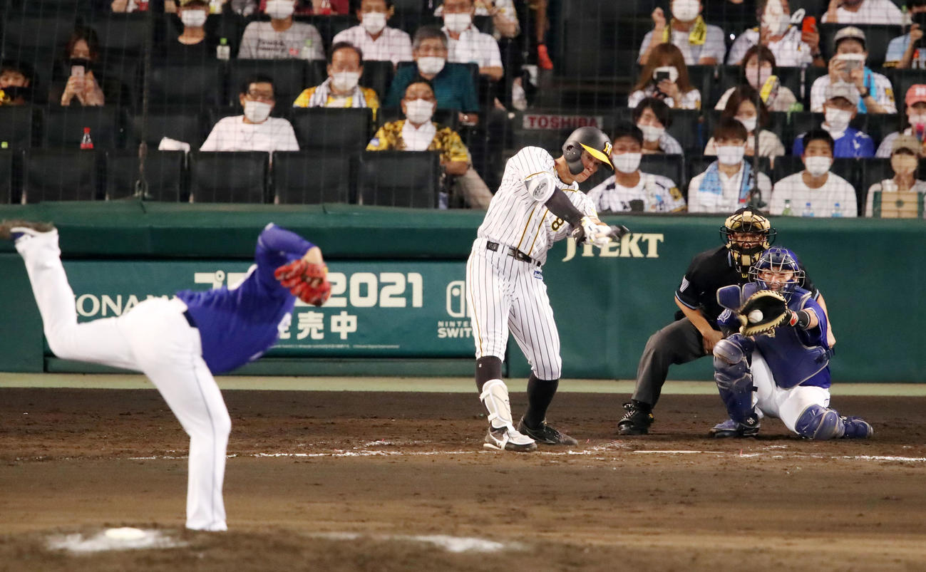 阪神対中日　7回裏阪神1死、代打佐藤輝は空振り三振に倒れる。投手福（撮影・加藤哉）