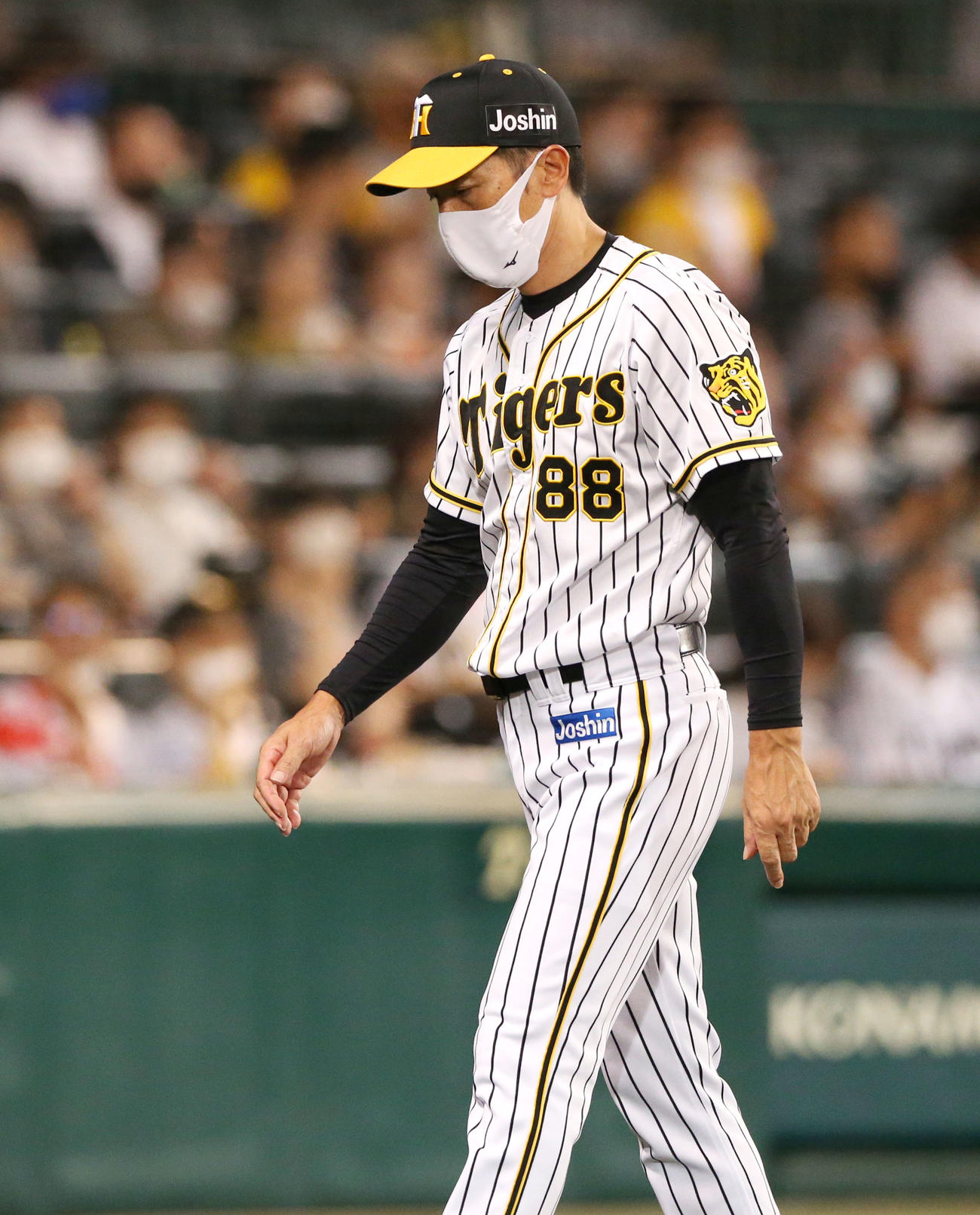 阪神対巨人　7回表巨人1死一塁、矢野監督はガンケルの交代を告げベンチへ戻る（撮影・上山淳一）