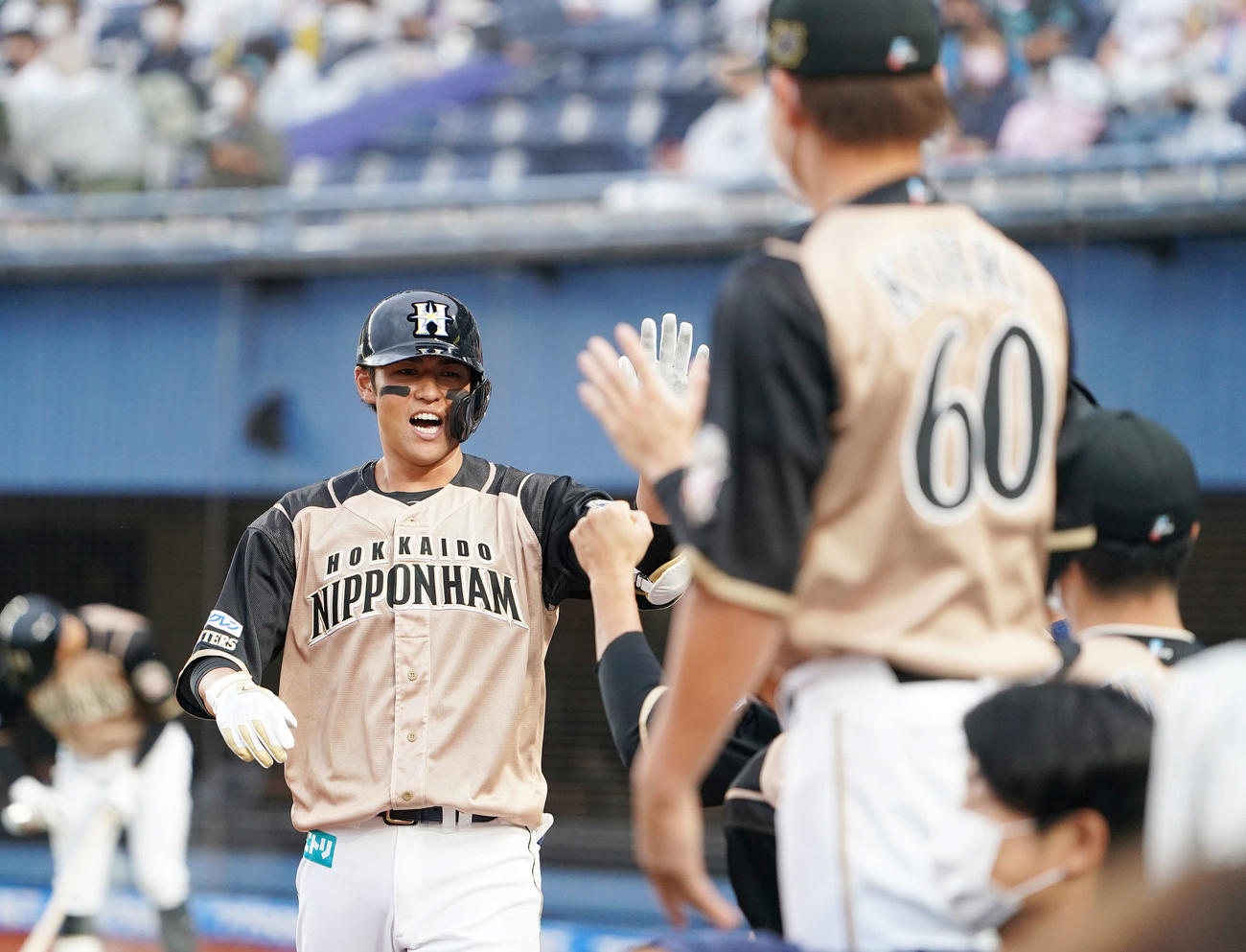 ロッテ対日本ハム　2回表日本ハム無死、中越えソロ本塁打を放った木村はナインと笑顔でハイタッチ（撮影・鈴木みどり）