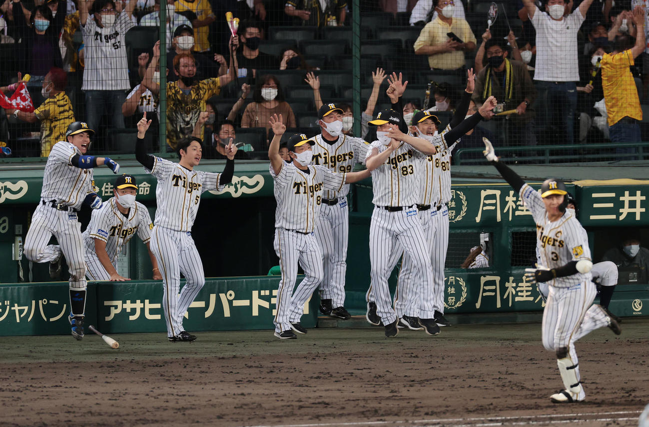 阪神対巨人　9回裏阪神無死一塁、大山がサヨナラ本塁打を放ち歓喜する阪神ナイン（撮影・前田充）