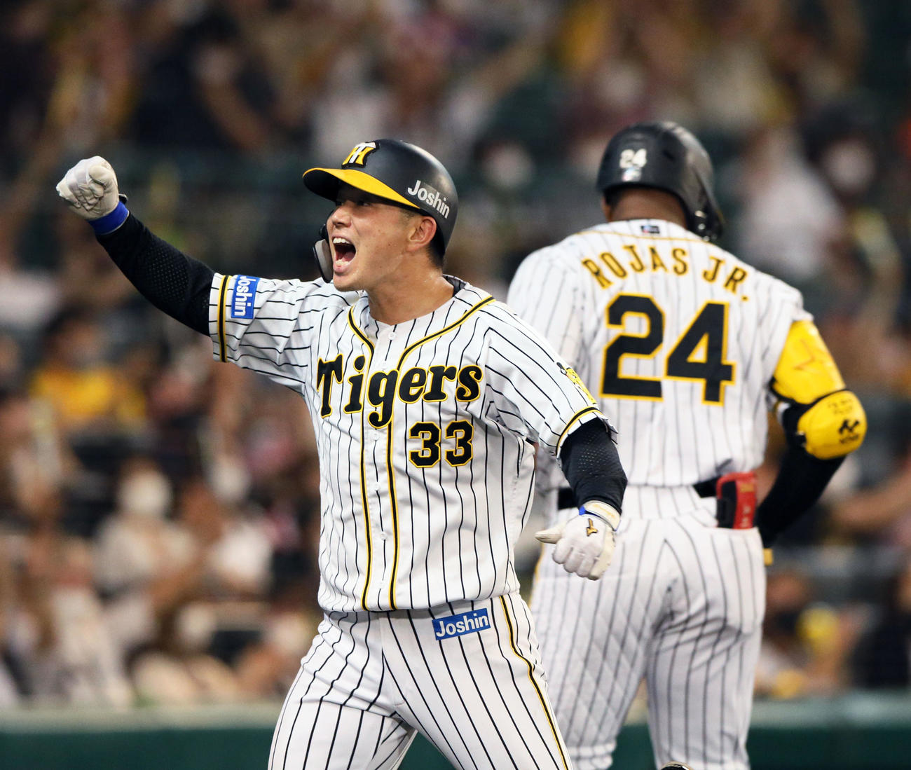 阪神対巨人18回戦　7回裏阪神2死一塁、糸井嘉男の左中間適時二塁打で生還の糸原健斗（手前）は生還し雄たけびをあげる（撮影・上山淳一）＝2021年9月5日、甲子園球場