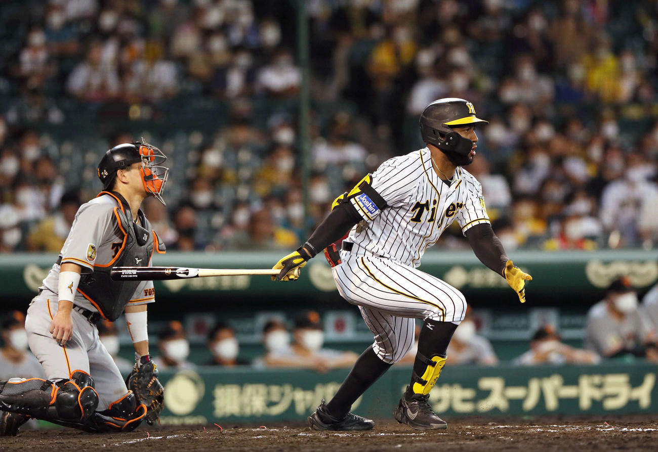 阪神対巨人　6回裏阪神2死一、三塁、ロハスは中前適時打を放つ（撮影・上山淳一）