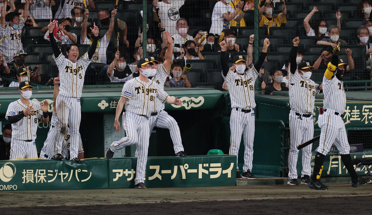阪神対巨人　7回裏阪神2死一塁、糸井の同点適時二塁打に喜ぶ阪神ナイン。右から3人目は矢野監督（撮影・前田充）