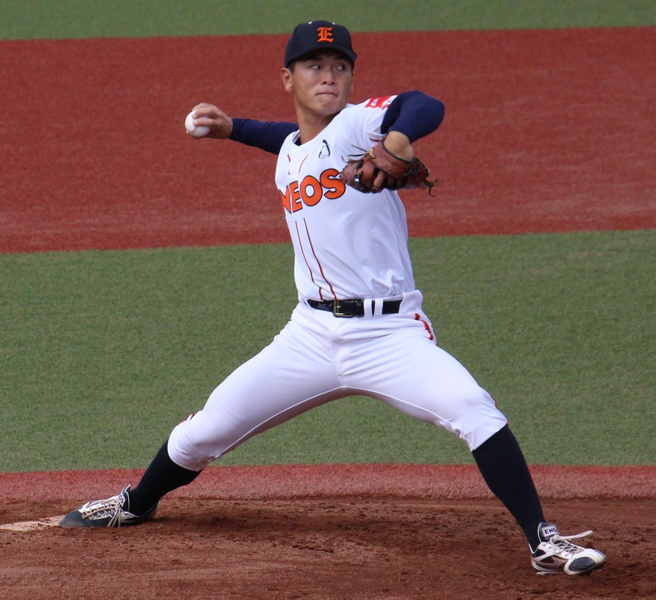 横浜金港クラブ対ENEOS　先発で5回2安打無失点のENEOS・関根（撮影・古川真弥）