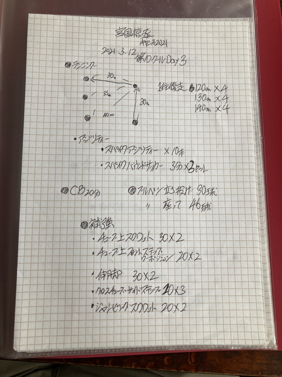 保田トレーナーが作ったDeNA宮国の自主キャンプ最終日のメニュー（保田氏提供）