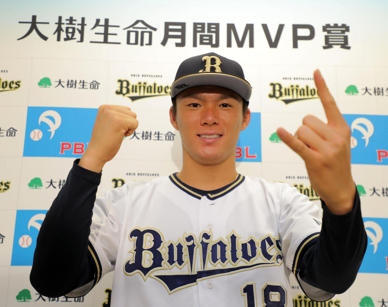 7・8月の投手部門月間MVPを受賞、ガッツポーズを見せる山本