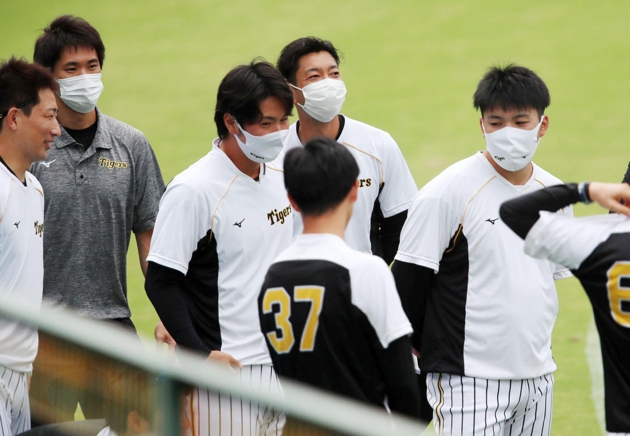 阪神対ヤクルト　1軍に昇格した浜地（中央）（撮影・加藤哉）