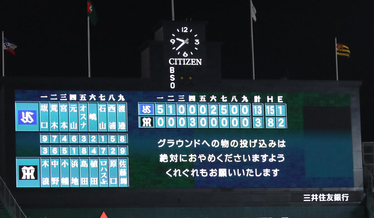 阪神対ヤクルト　ヤクルトが阪神に大勝する（撮影・清水貴仁）