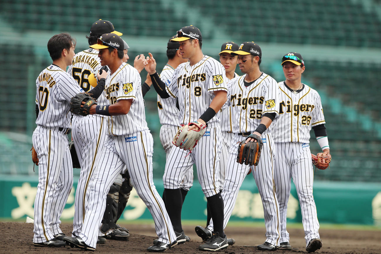 阪神対広島　広島に勝利し連勝記録を17に伸ばした阪神ナインはマウンドでエアタッチする（撮影・加藤哉）
