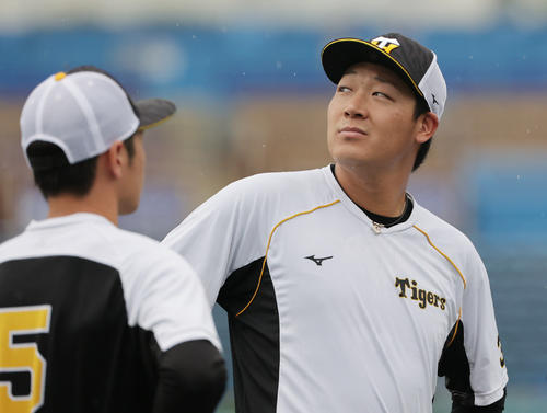 ヤクルト対阪神 試合前、雨を気にする阪神大山(撮影・清水貴仁)