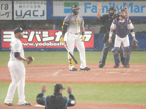 ヤクルト対阪神 4回表阪神無死一塁、打者ロハス・ジュニアの時、雨脚が強まり試合が中断する。投手スアレス(撮影・鈴木みどり)