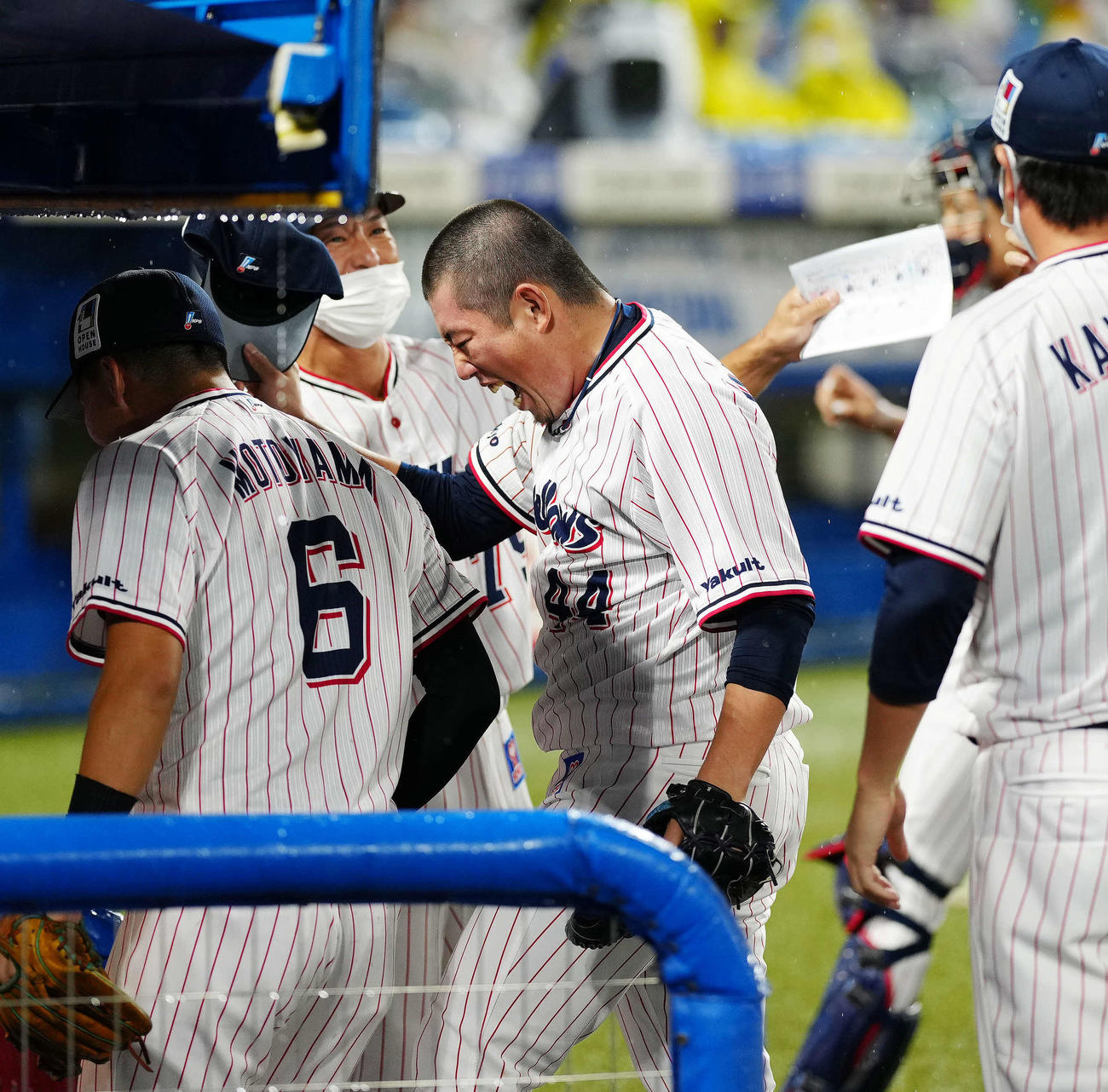 ヤクルト対阪神　5回表終了後、雄たけびを上げながらベンチに引き揚げるヤクルト2番手の大西（中央）（撮影・江口和貴）