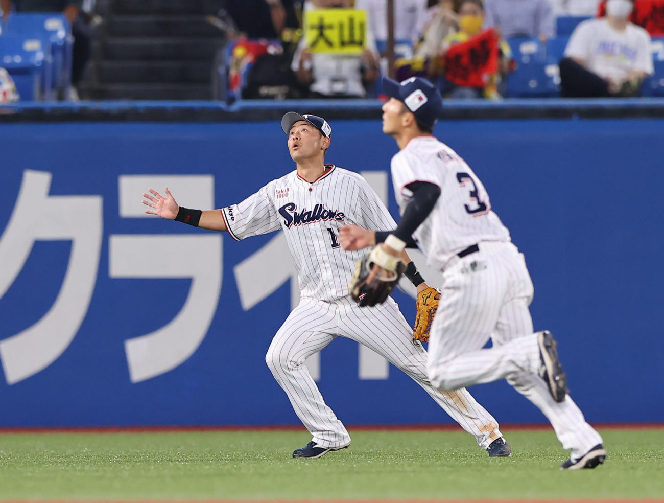 ヤクルト対阪神　2回表阪神無死、大山悠輔の打球の目測を誤る西浦（手前）と荒木（撮影・垰建太）