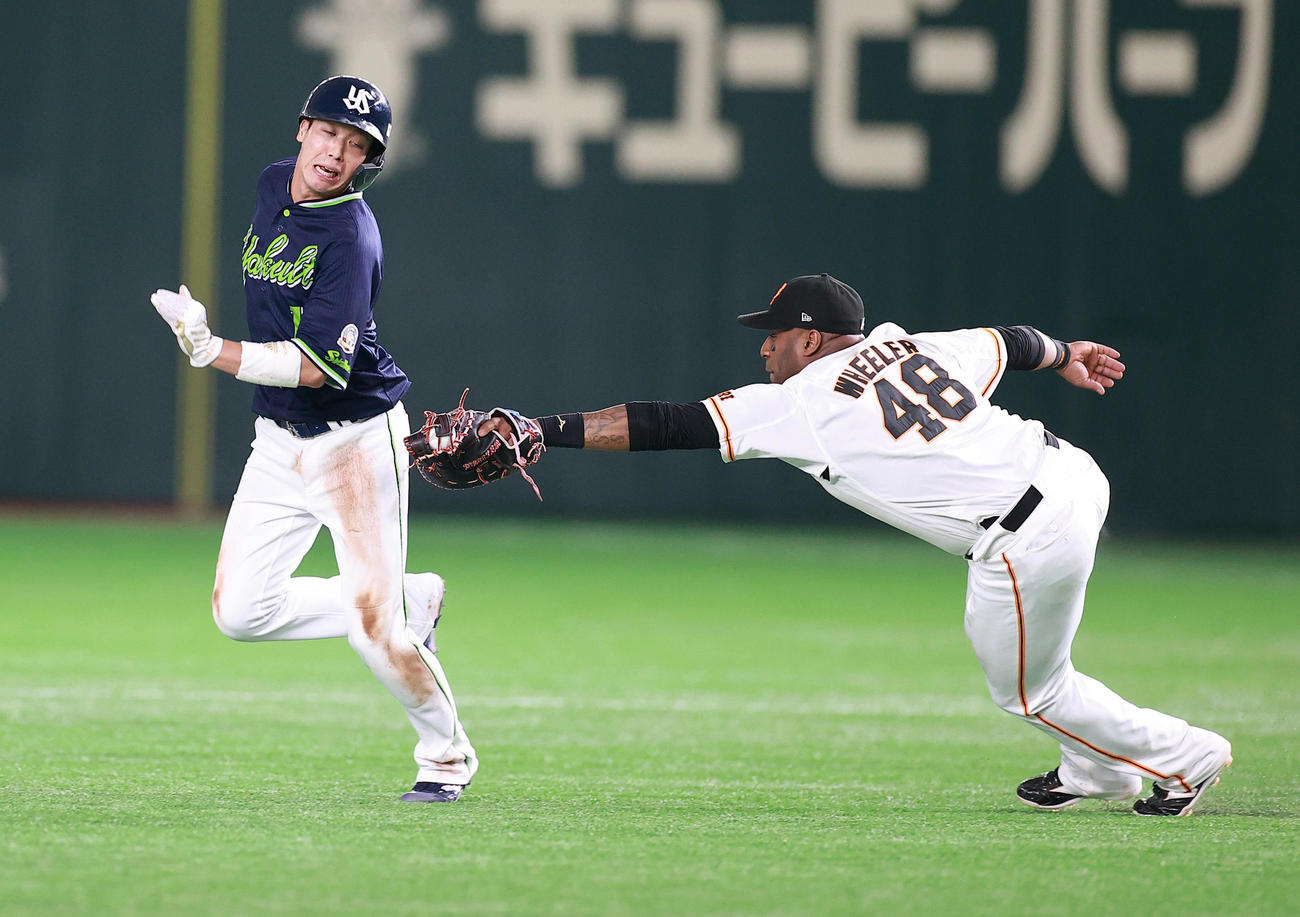 巨人対ヤクルト　7回表ヤクルト2死一塁、一塁走者山田（左）は二塁盗塁を試み、挟まれるも必死にウィーラーから逃げる。結果はアウトになる（撮影・浅見桂子）