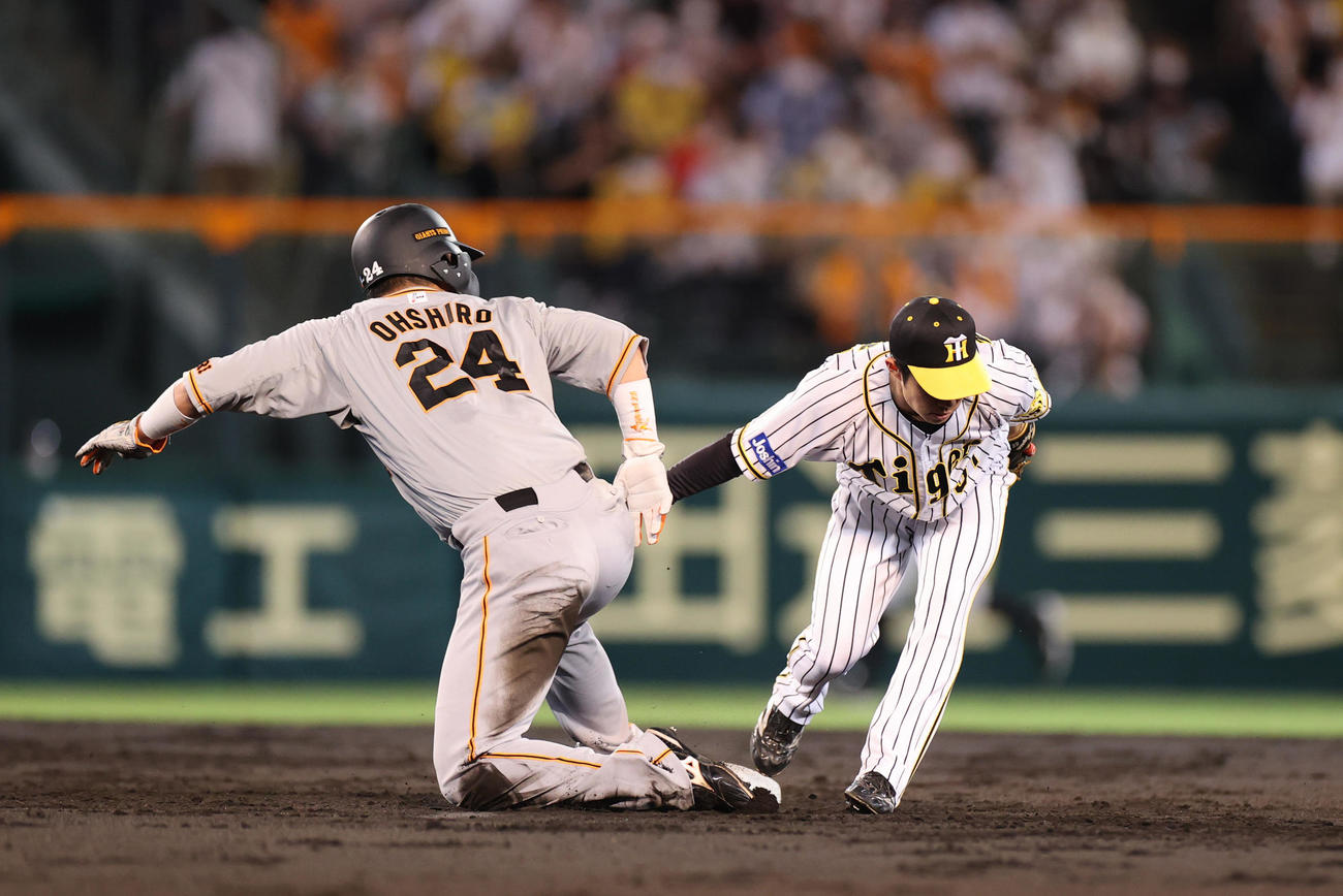 阪神対巨人　2回表巨人1死一塁、菅野のバント打球でガンケルが二塁に送球も遊撃手中野が後逸する（撮影・清水貴仁）