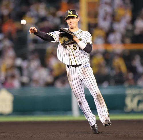 阪神対巨人 8回表巨人1死、吉川の打球を処理する遊撃手中野(撮影・清水貴仁)