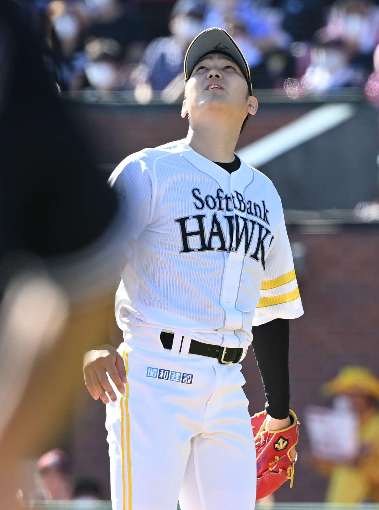 楽天対ソフトバンク　5回裏楽天無死、石川は炭谷が放った左越えソロ本塁打を見上げる（撮影・山崎安昭）