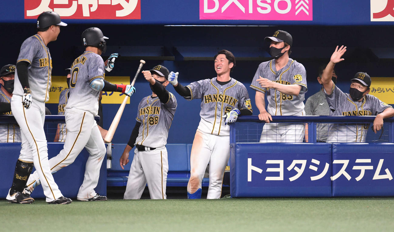 中日対阪神　9回表阪神1死三塁、左犠飛を放った木浪を迎える矢野監督（左から3人目）ら（撮影・森本幸一）