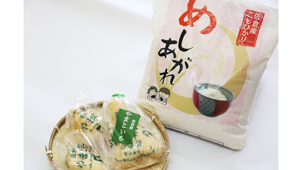 来場者に先着で無料配布される佐倉産「やまと芋」とこしひかり「めしあがれ」セット