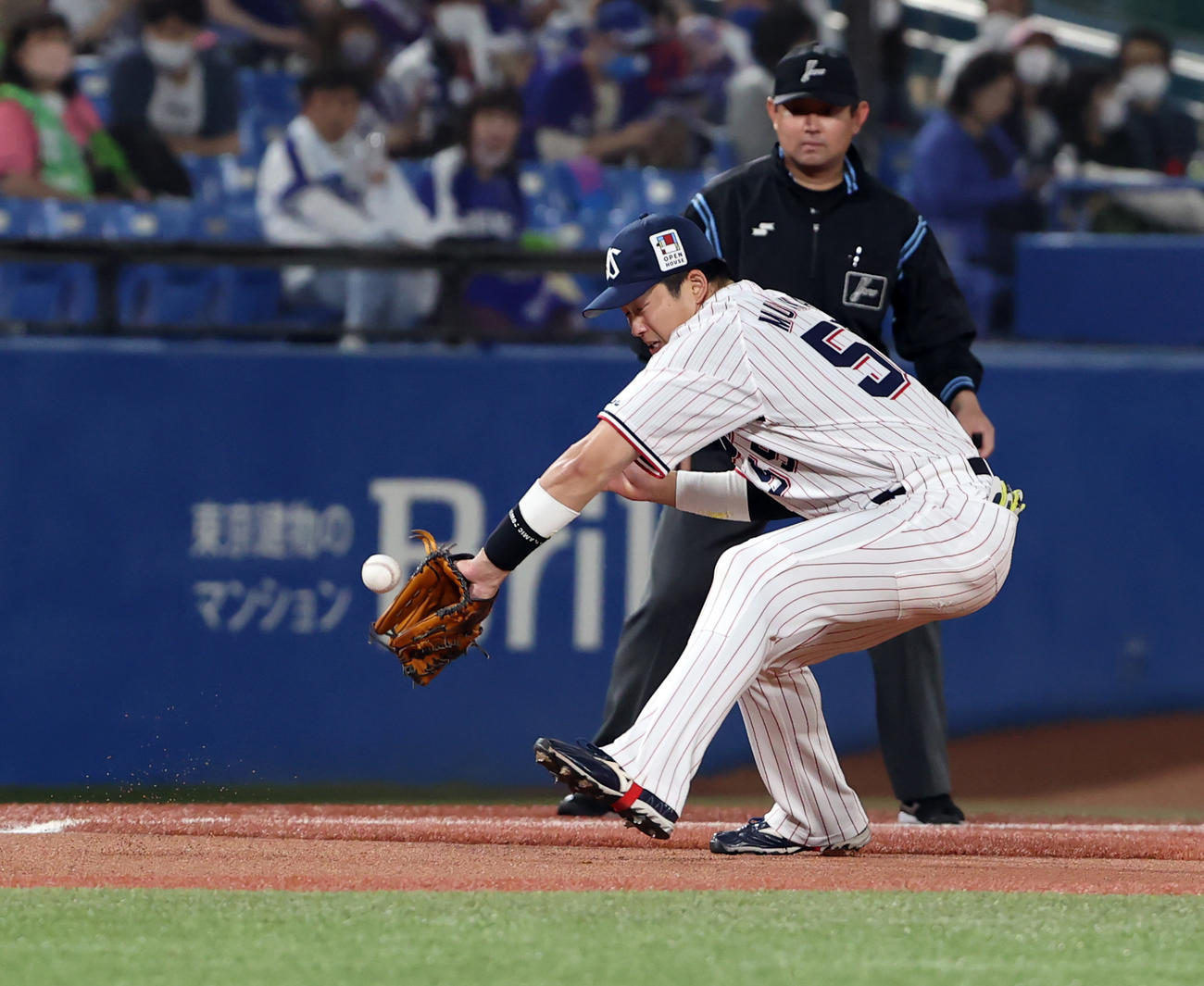 ヤクルト対中日　3回表中日2死、京田の打球をファンブルする村上（撮影・浅見桂子）