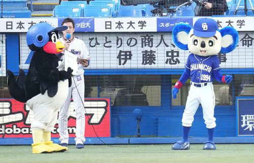 ヤクルト対中日　球場を盛り上げるつば九郎（左）とドアラ（撮影・鈴木みどり）