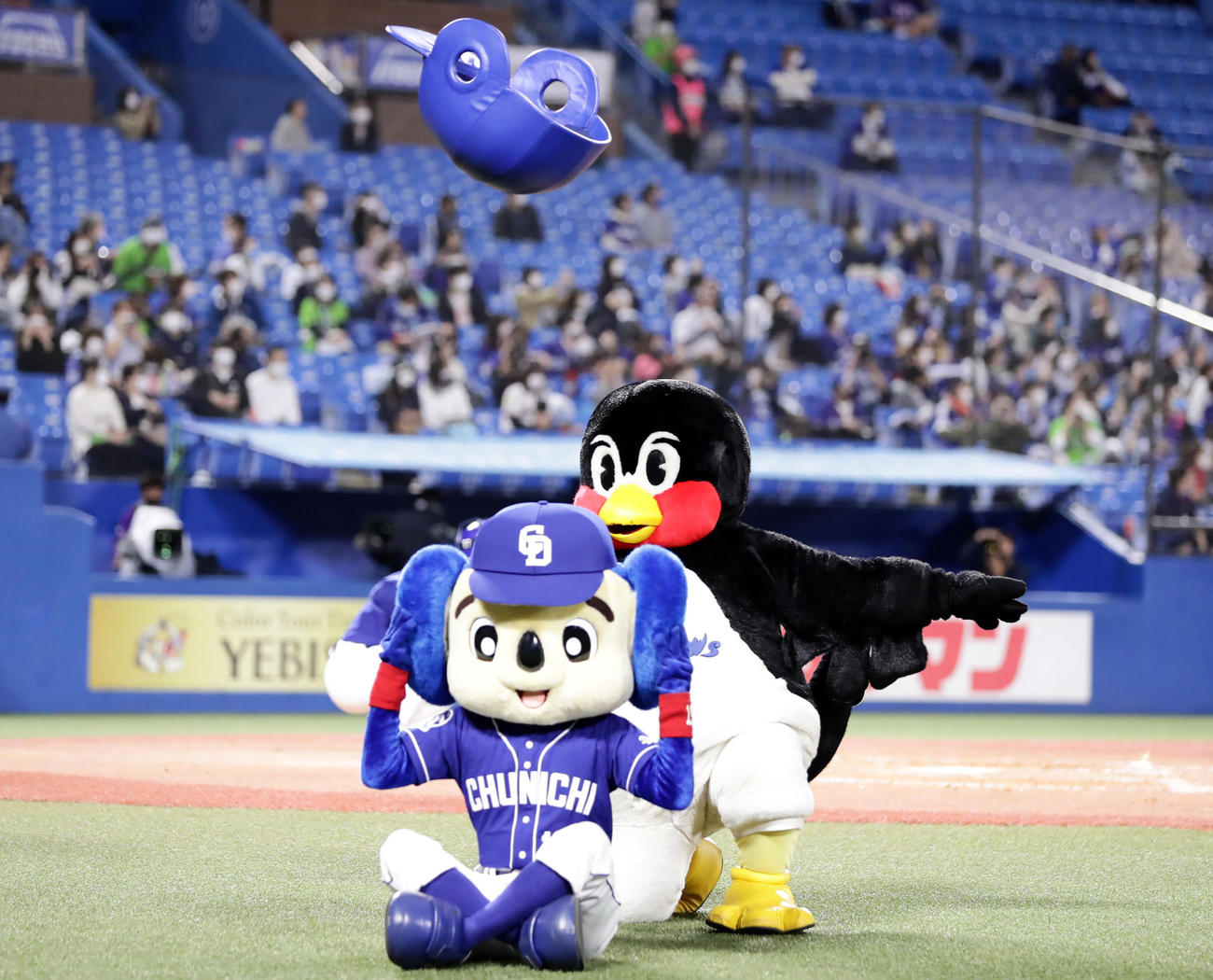 ヤクルト対中日　5回表終了後、ドアラと空中くるりんぱに挑戦したつば九郎だが惜しくもならず（撮影・浅見桂子）