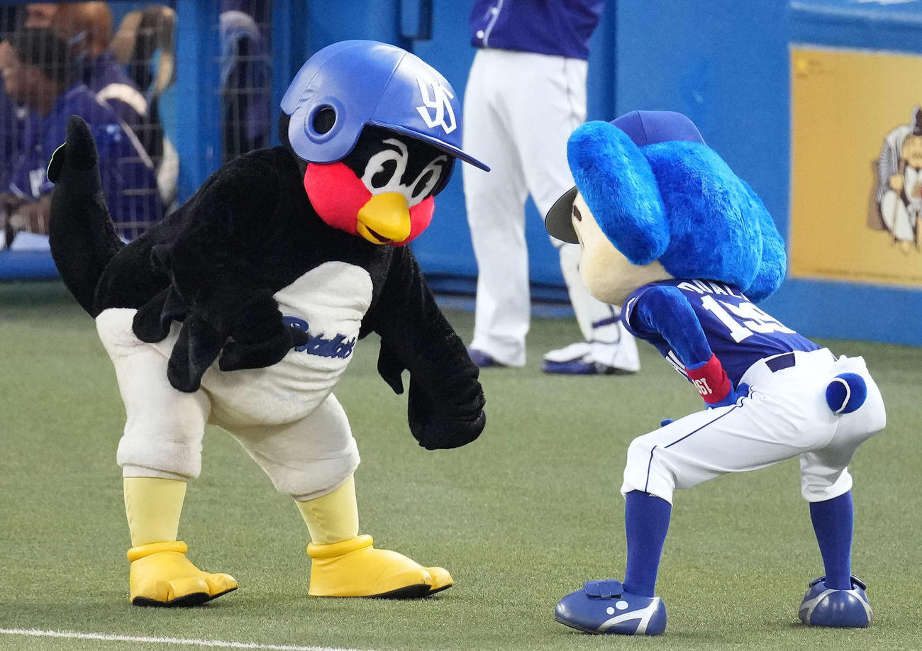 ヤクルト対中日　相撲のポーズを取るつば九郎（左）とドアラ（撮影・鈴木みどり）