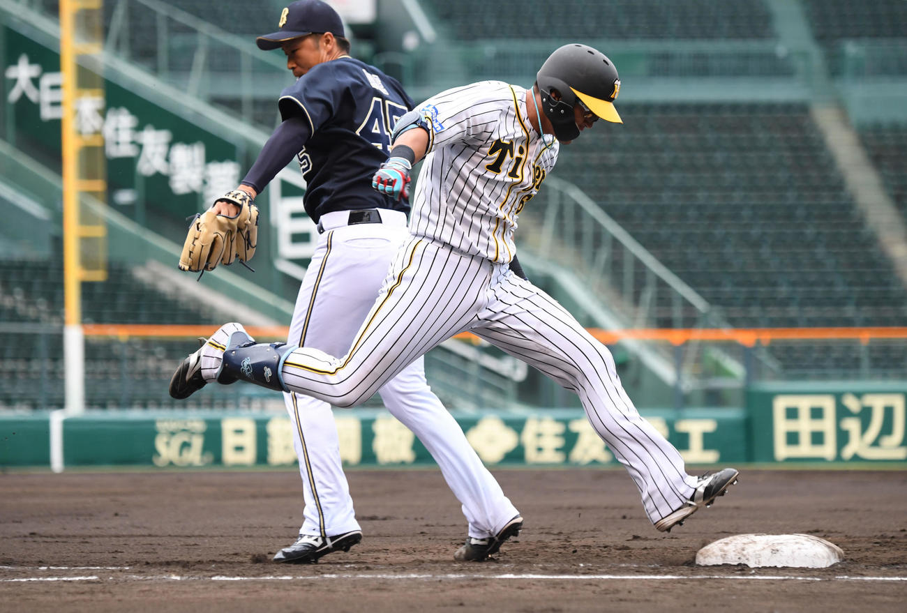 阪神対オリックス　6回裏阪神無死、板山は一塁内野安打とする（撮影・滝沢美穂子）