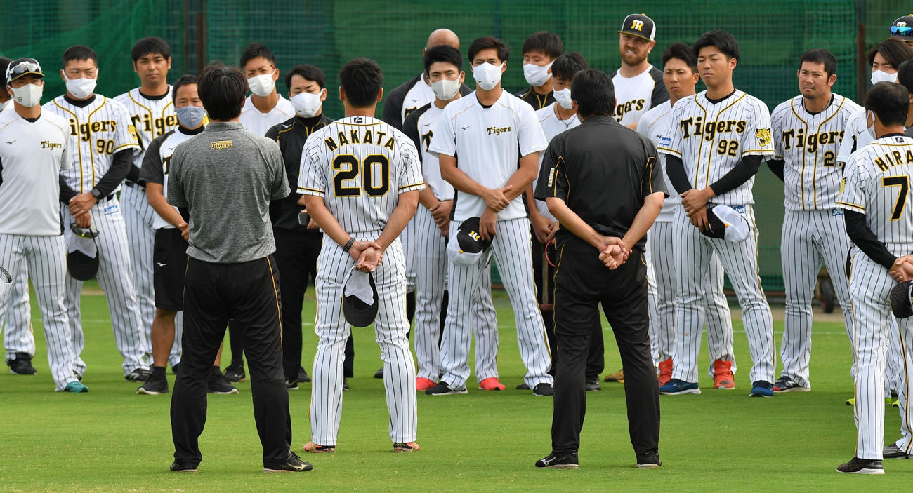 練習前、ナインにあいさつをする中田（代表撮影）