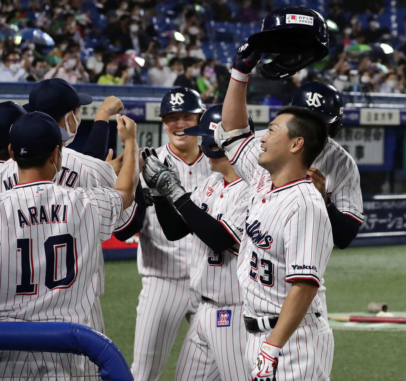 ヤクルト対DeNA 5回裏ヤクルト2死満塁、青木は本塁打を放ってベンチ前でナインの祝福を受ける（撮影・丹羽敏通）