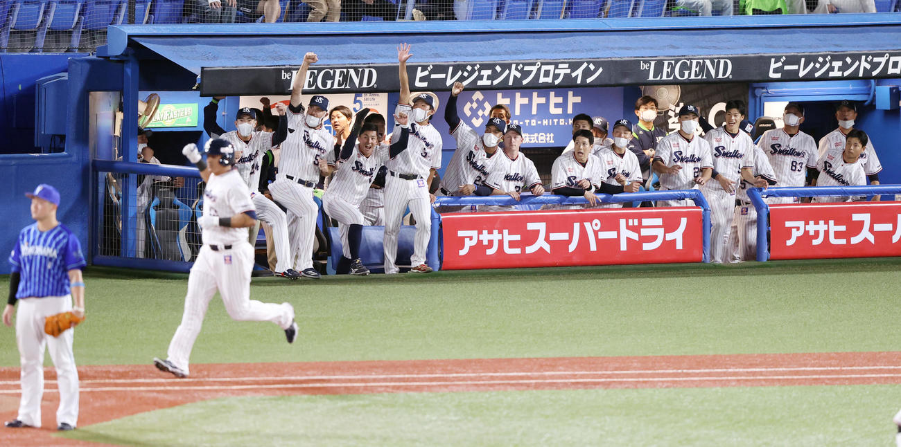 ヤクルト対DeNA 9回裏ヤクルト無死一塁、オスナ（左から2人目）が2点本塁打を放ち、盛り上がるヤクルトベンチ（撮影・狩俣裕三）