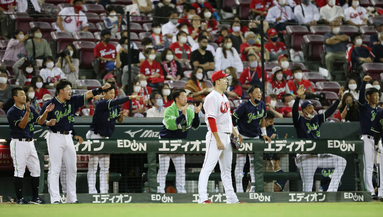 8回表ヤクルト1死三塁、オスナの同点適時三塁打に歓喜するヤクルトナイン。手前はケムナ（撮影・加藤孝規）