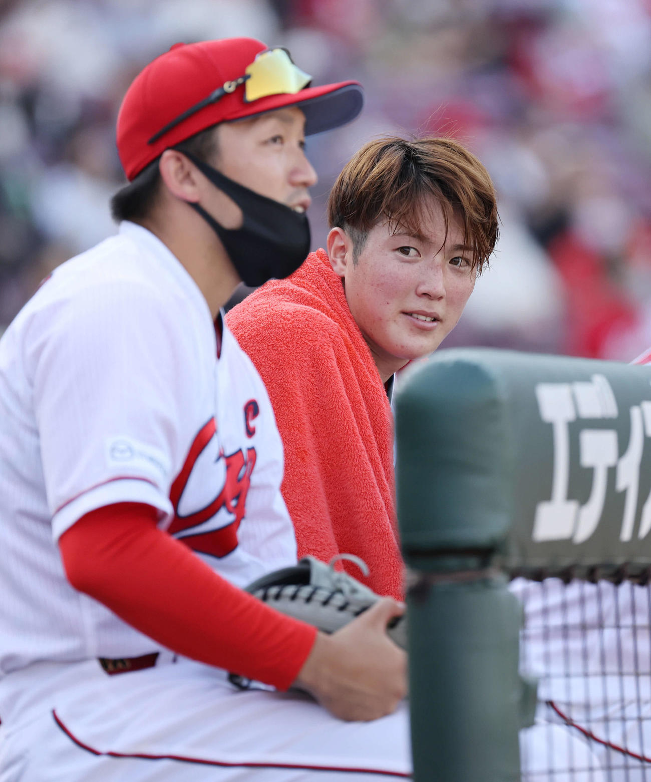 広島対ヤクルト　6回裏広島、ベンチの鈴木誠（左）と森下（撮影・加藤孝規）