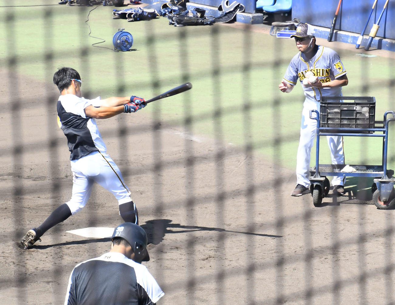 2軍練習試合オリックス対阪神　試合前にティー打撃に励む阪神板山（手前）とトスを上げる平田2軍監督（撮影・中野椋）