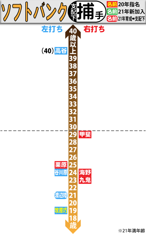 ソフトバンク支配下選手の年齢分布図。捕手編