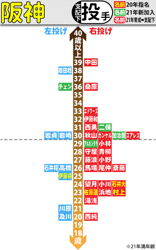 阪神支配下選手の年齢分布図。投手編
