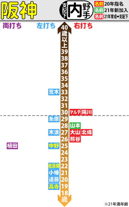 阪神支配下選手の年齢分布図。内野手編