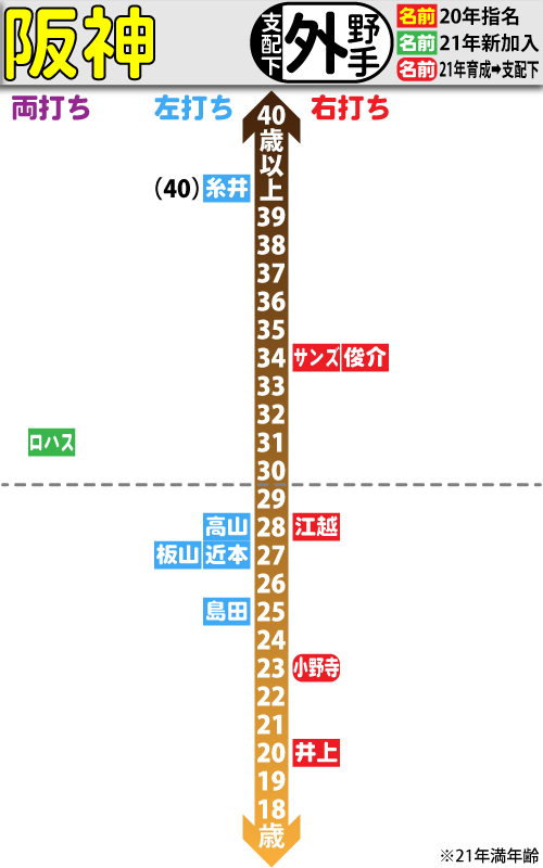 阪神支配下選手の年齢分布図。外野手編