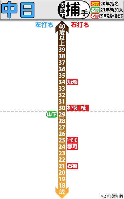 中日支配下選手の年齢分布図。捕手編