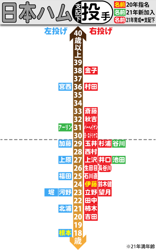 日本ハム支配下選手の年齢分布図。投手編