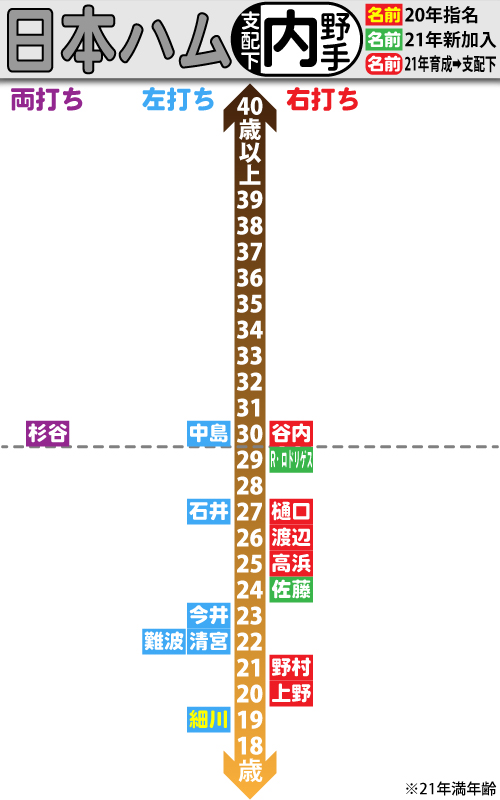 日本ハム支配下選手の年齢分布図。内野手編