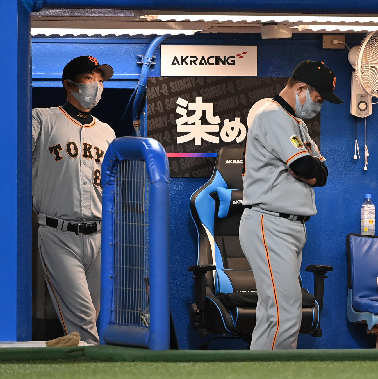 ヤクルト対巨人　ベンチで腕組みする巨人原監督（右）と阿部作戦コーチ（撮影・山崎安昭）