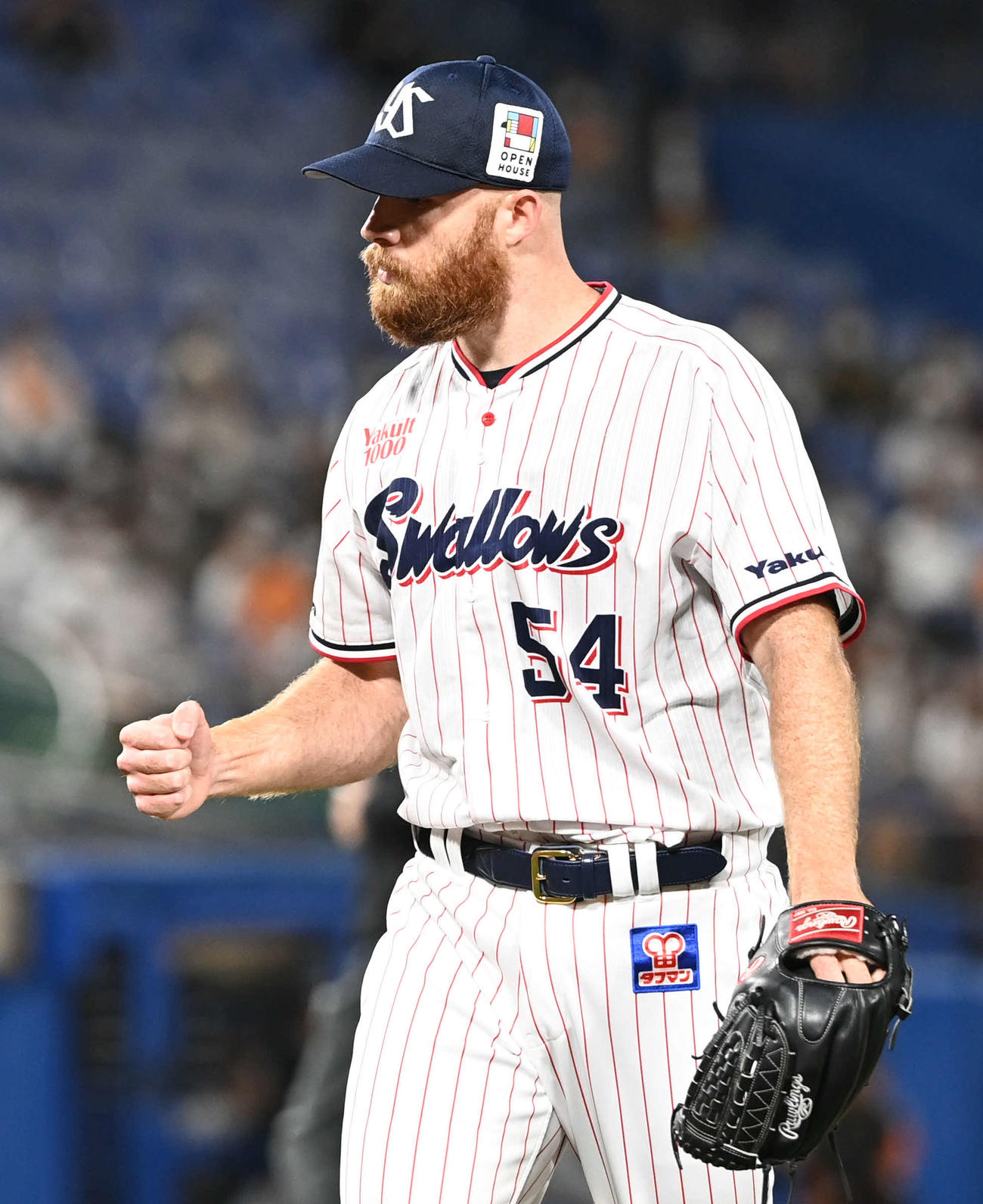ヤクルト対巨人　5回表巨人2死一塁、坂本を中飛に仕留めたサイスニードはガッツポーズ（撮影・山崎安昭）