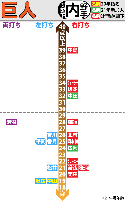巨人支配下選手の年齢分布図。内野手編