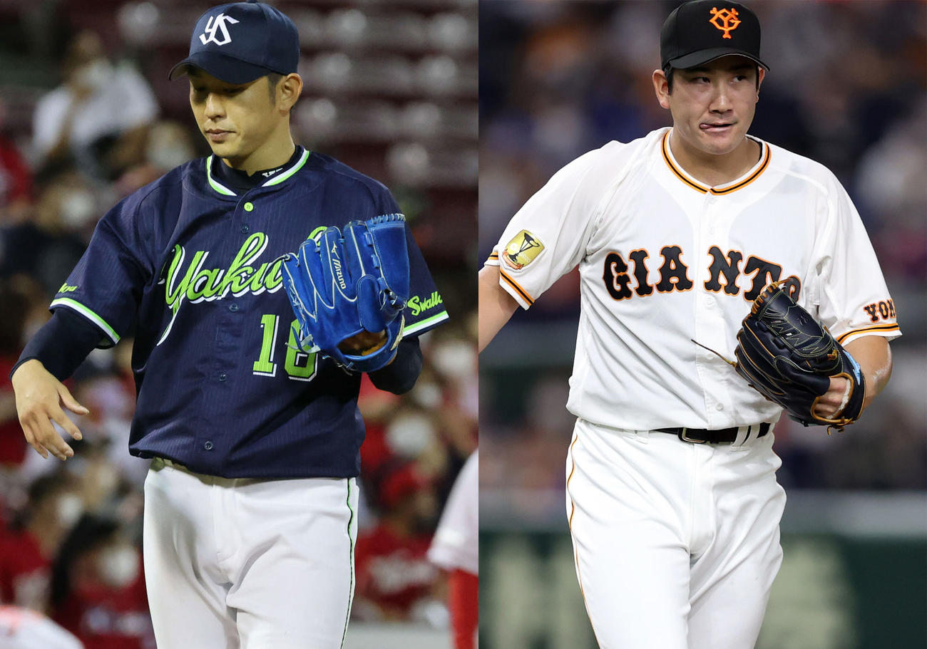 ヤクルト原樹理（左）、巨人菅野智之