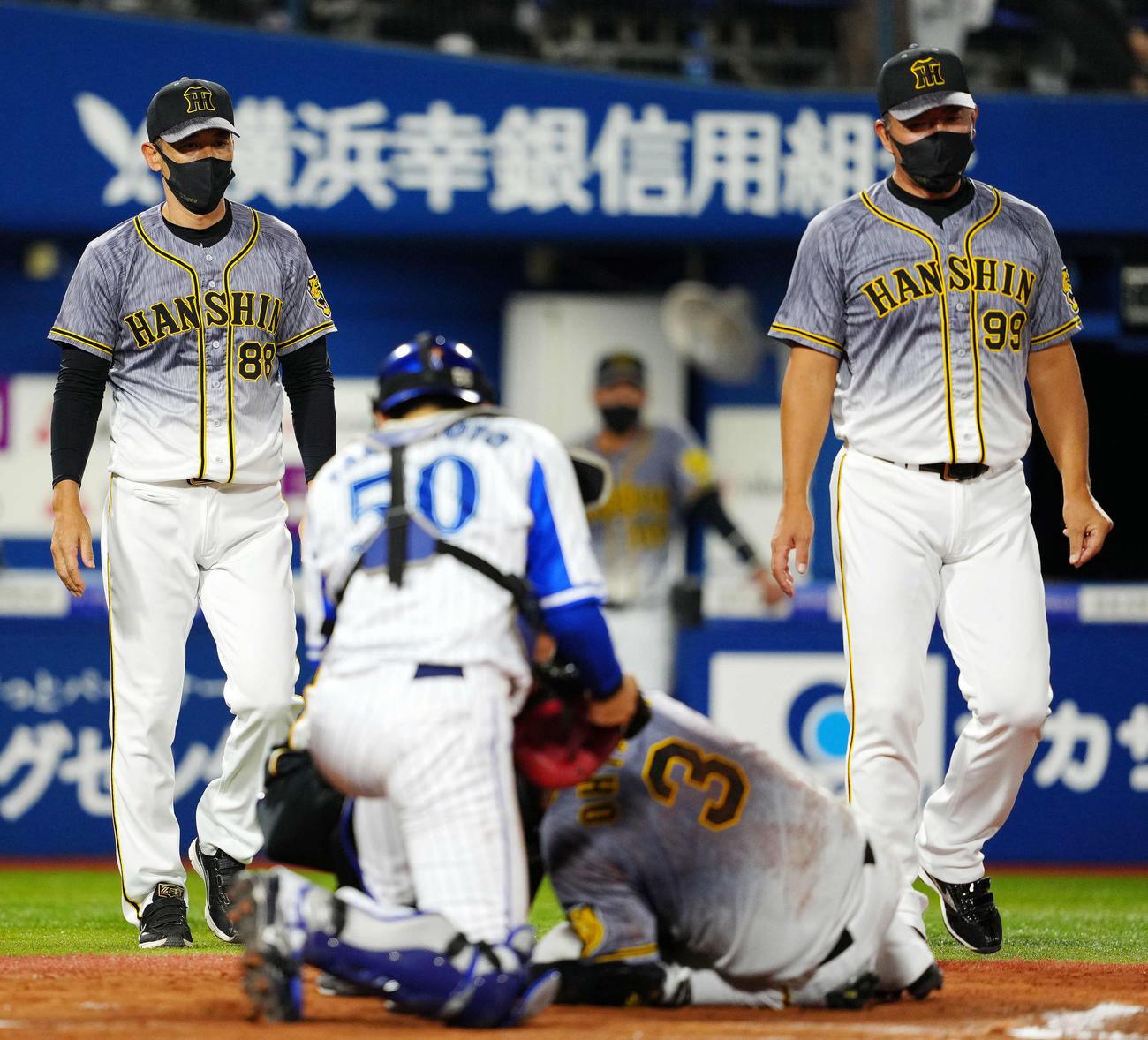 DeNA対阪神　6回表阪神無死、死球を受けた大山（手前右）のもとへ向かう矢野監督（左）（撮影・江口和貴）