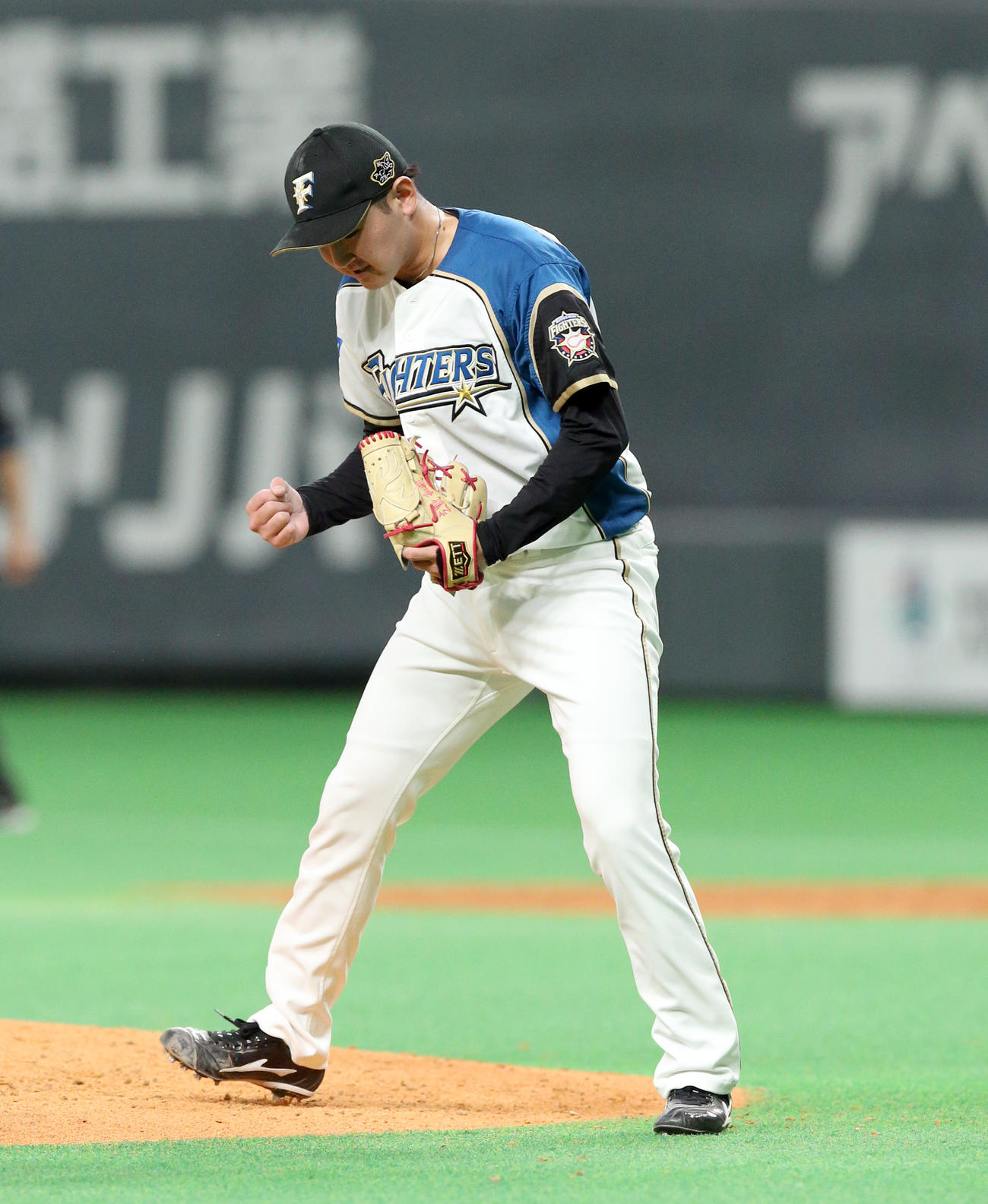 日本ハム対ロッテ　5回表ロッテ2死二塁、安田を三振にとりガッツポーズをする日本ハム立野（撮影・佐藤翔太）
