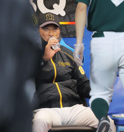 ヤクルト対阪神　6回裏を終え、水分補給する矢野監督（撮影・河田真司）
